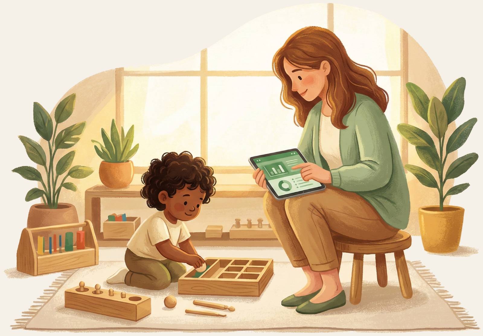 Montessori teacher observing child and using MontiFlow app