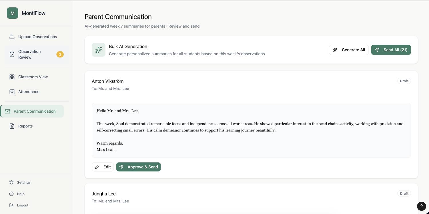Parent communication interface with AI-generated weekly summaries